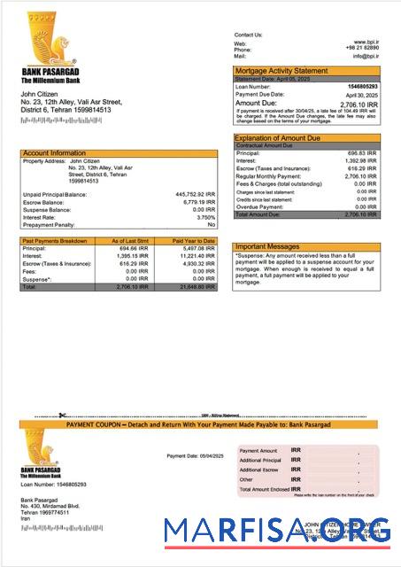 Printable Iran Bank Pasargad mortgage statement Word and PDF template